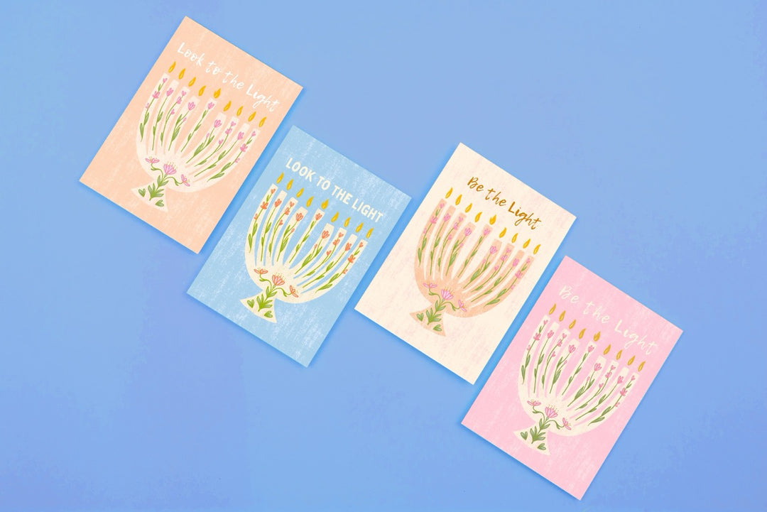 "Growing Menorah" Hand-Drawn Floral Flower Eco-Greeting Holiday Cards for Hanukkah