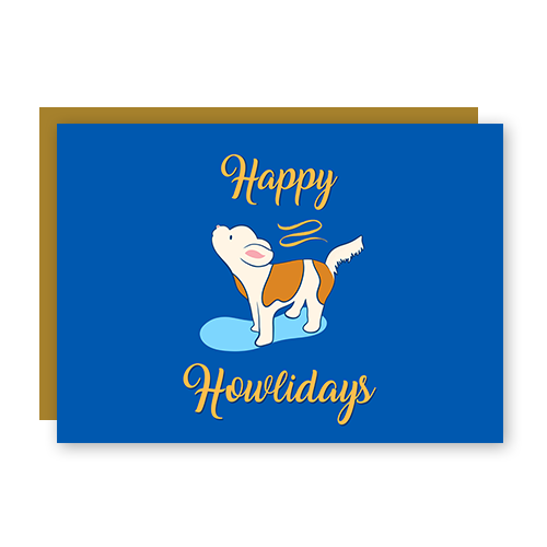 Happy Howlidays Assorted Howling Dog Holiday Greeting Card w. Ribbon Lettering + Matching Envelope (Winter Wishes)