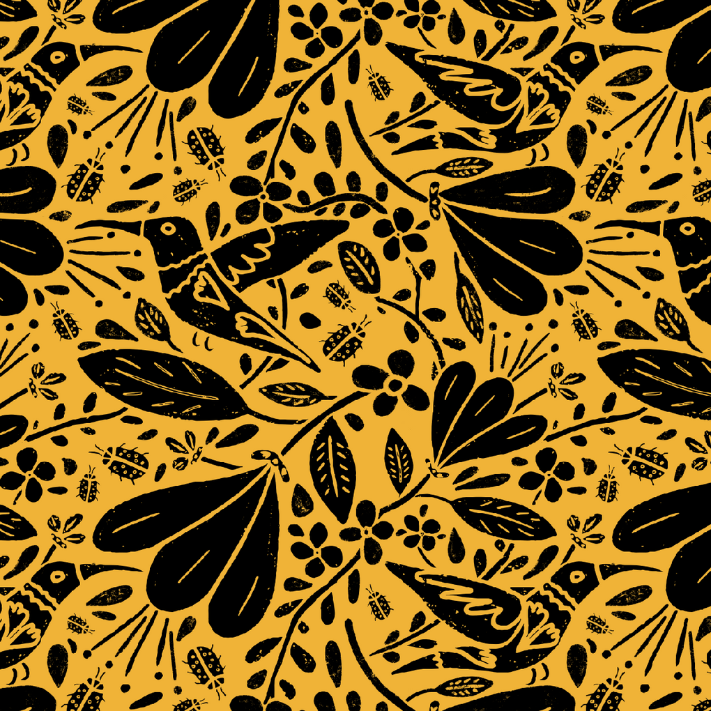 Black floral and hummingbird pattern on a yellow background