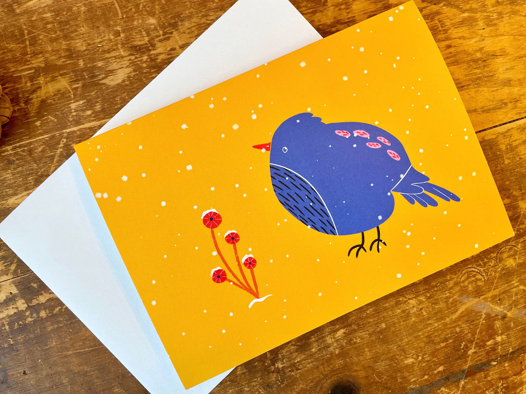 Blue Bird in Snow (on Yellow) - Recycled Hand-Drawn Eco Greeting Card + Recycled Envelope, Blank inside (Winter Wishes)