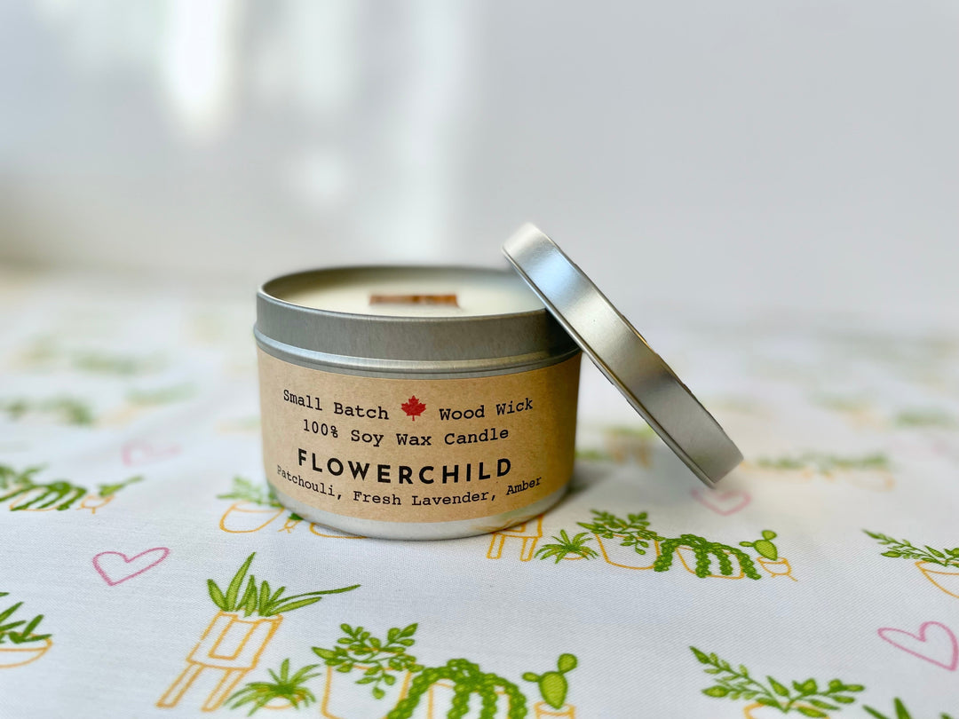 "Flower Child" Soy Crackling Wick Eco-Candle - Patchouli, Lavender + Amber Scent (Golden Light / Grow & Bloom)