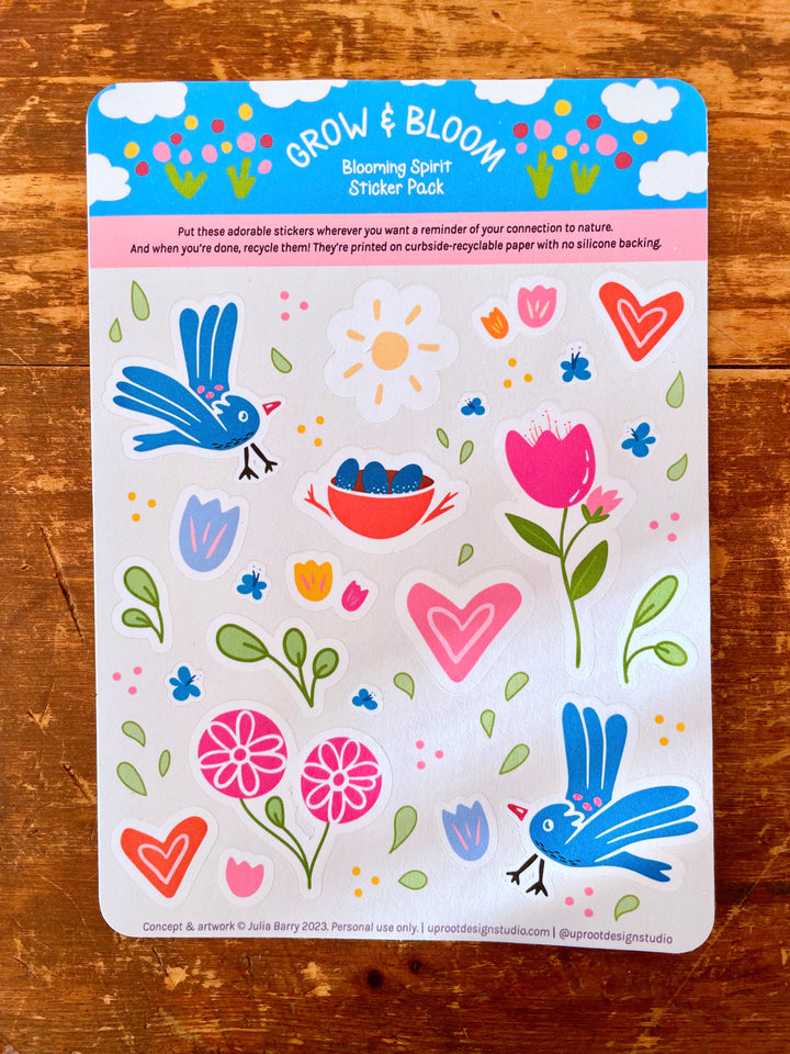 Adorable "Blooming Spirit" Sticker Sheet of Eco Stickers w. flowers, birds, nest with eggs, sun, hearts & green leaves (Grow & Bloom)