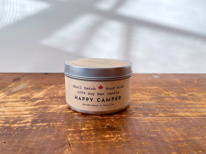 Golden Light Candle Relaxation Set: "Happy Camper" Scented (Sandalwood + Vanilla) Candle,  Meditation Card + Mindfulness Journal (Grow & Bloom)