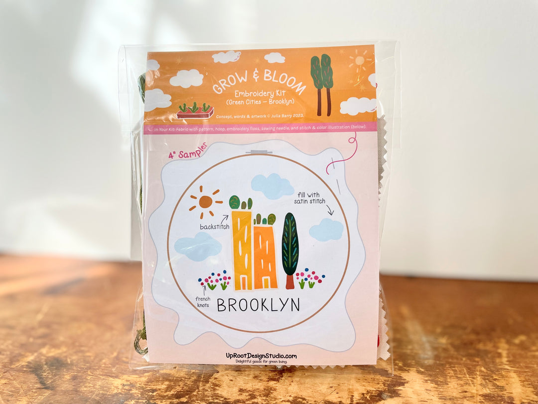 "Brooklyn" Green Cities Eco-Embroidery Kit w. Apartment Gardens, Flowers, Clouds, Tree & Sun 4" Sampler (Joyful Threads Grow & Bloom)