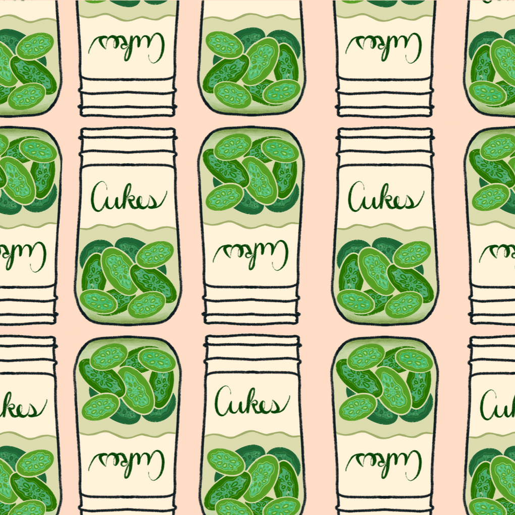 Pattern of green pickles in mason jars on a peach background