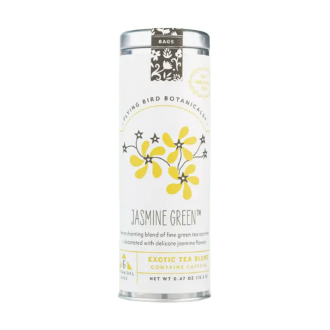 "Jasmine Green" Organic Tea Time Tin w. 6 Eco-Bags of High-Grade Green Tea Delicately Scented w. Jasmine Flowers (Tea Time / Grow & Bloom)