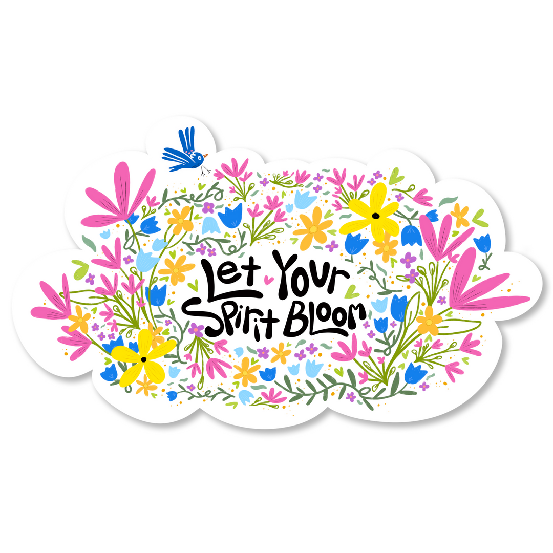 "Let Your Spirit Bloom" Hand-Drawn Decal Sticker w. Wildflowers, Flying Bird & Hand-Lettering (Grow & Bloom)