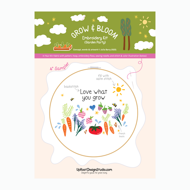 Garden Party "Love What You Grow" Eco-Embroidery Kit w. Veg, Fruit, Bees & Sun 4" Sampler (Joyful Threads Grow & Bloom)
