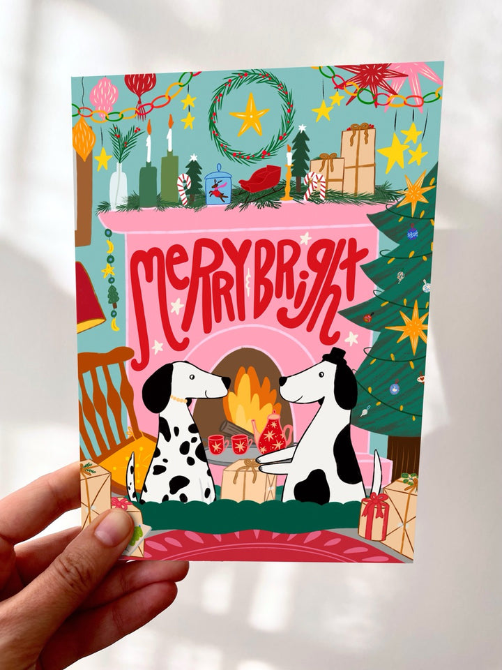 Cozy Fireplace Christmas Dogs Hand-Drawn Eco-Greeting Holiday Cards