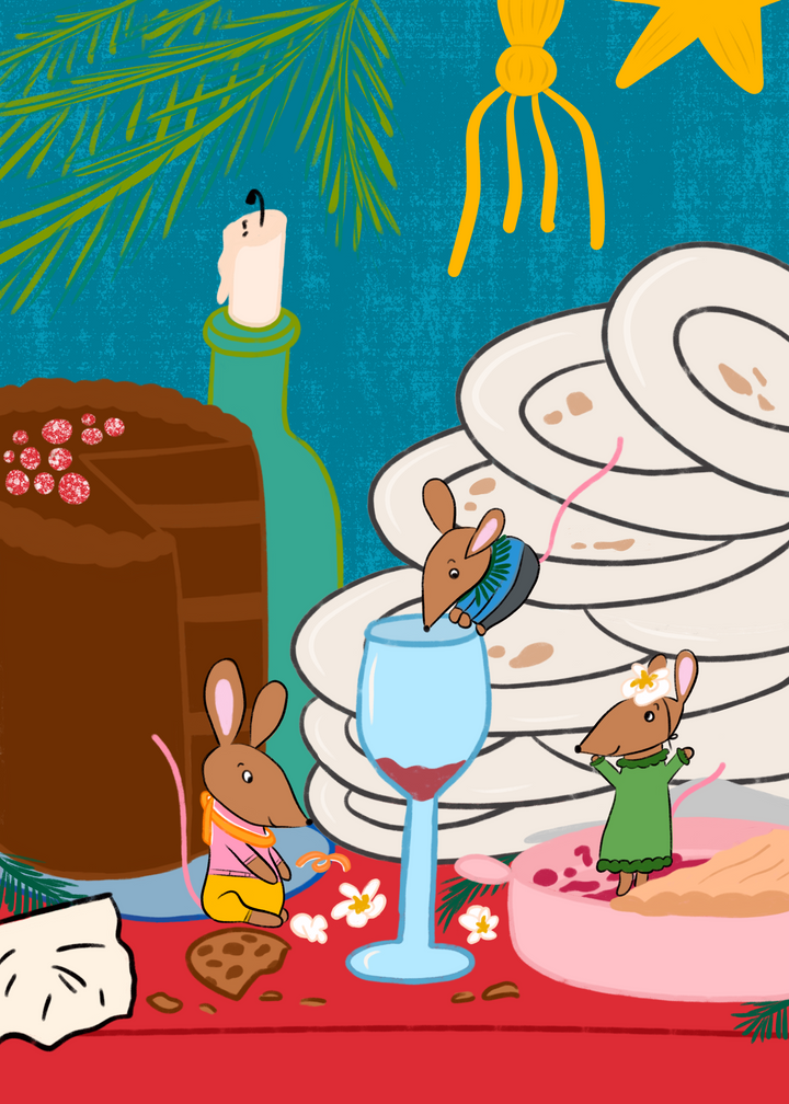 Mice Midnight Christmas Feast Party Hand-Drawn Eco-Greeting Holiday Cards
