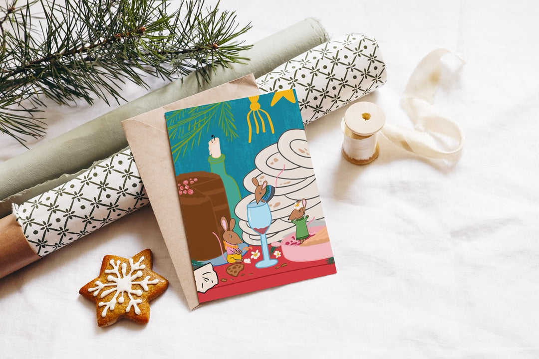 Mice Midnight Christmas Feast Party Hand-Drawn Eco-Greeting Holiday Cards