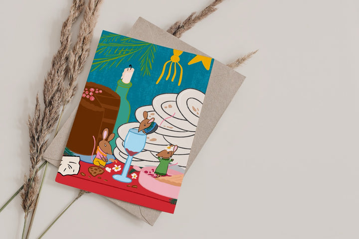 Mice Midnight Christmas Feast Party Hand-Drawn Eco-Greeting Holiday Cards