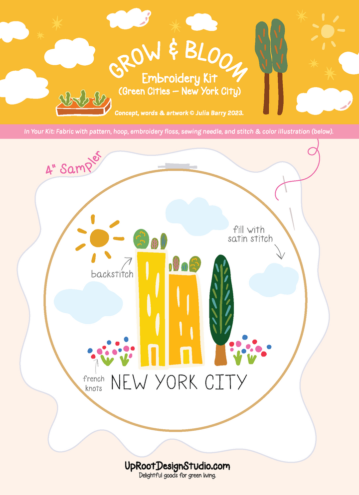 "New York City" Green Cities Eco-Embroidery Kit w. Apartment Gardens, Flowers, Clouds, Tree & Sun 4" Sampler (Joyful Threads / Grow & Bloom)