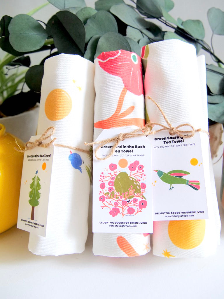 100% Organic Cotton "Royal Blooms" Kitchen Tea Towel w. Hand-drawn Art (Tea Time/Nordic Nature)