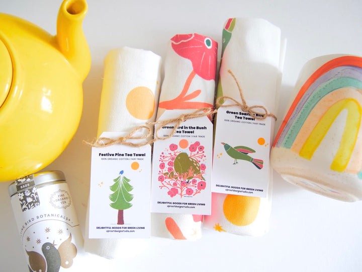 100% Organic Cotton "Garden Party" Kitchen Tea Towel w. Hand-drawn Adorable Vegetables, Fruit & Bees (Tea Time/Grow & Bloom)