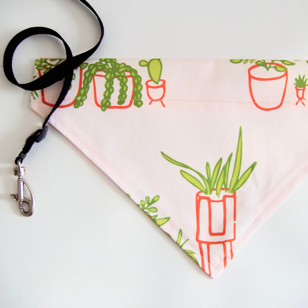 100% Organic Cotton Hand-Sewn Pet Bandana with "Whimsical Houseplants" Large Scale Pattern in Pink (Green Paws)