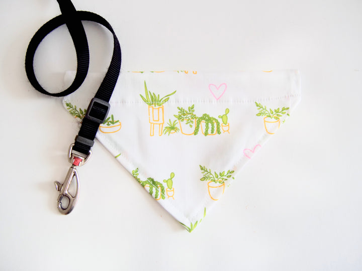 100% Organic Cotton Hand-Sewn Pet Bandana with "Whimsical Houseplants" Pattern in White (Green Paws)