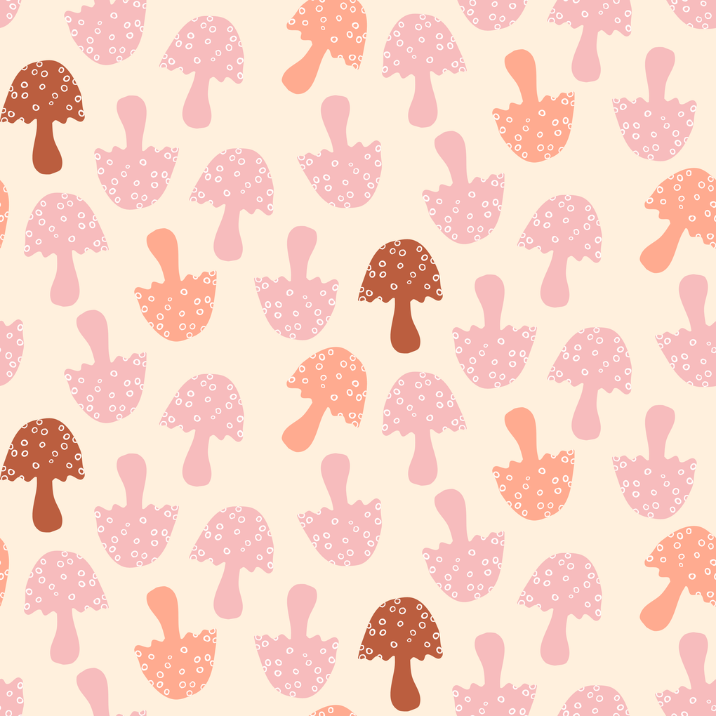 Pattern of colorful mushrooms on a cream background