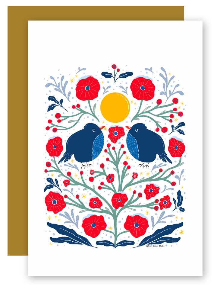 "Two Birds in the Bush" Adorable Greeting Cards + Matching Envelope - Assorted (Winter Wishes / Words of Love)