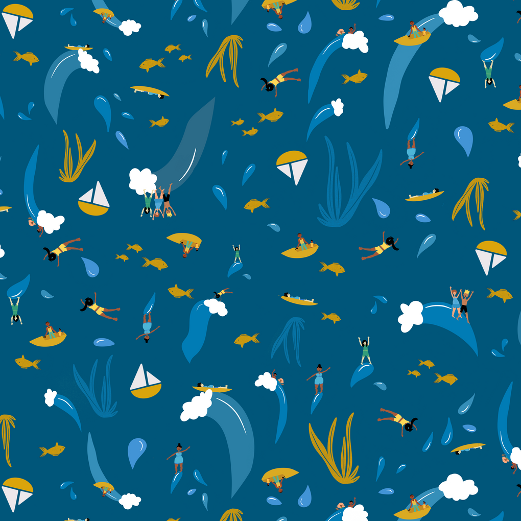 Blue and yellow pattern of fish,aquatic plants, and people doing water activities on a blue background
