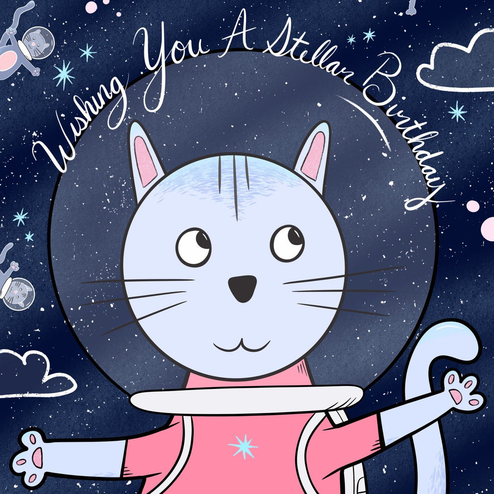 Illustration of a cat astronaut with space-themed background and text 'Wishing You A Stellar Birthday'.