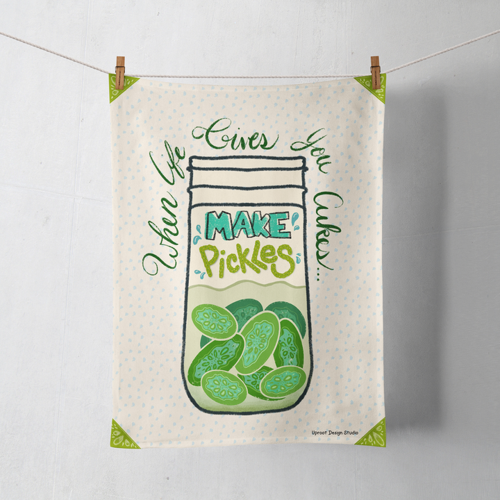 100% Organic Cotton "In a Pickle" Kitchen Tea Towel w. Hand-drawn Pickles in a Jar (Everyday Humor)