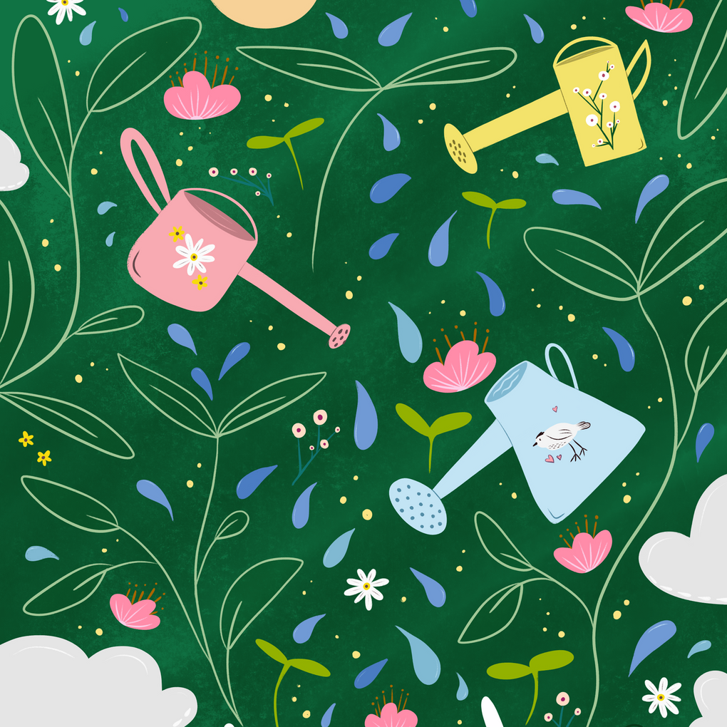 Watering cans float amongst plants and droplets in the Tend Pattern by Julia Barry