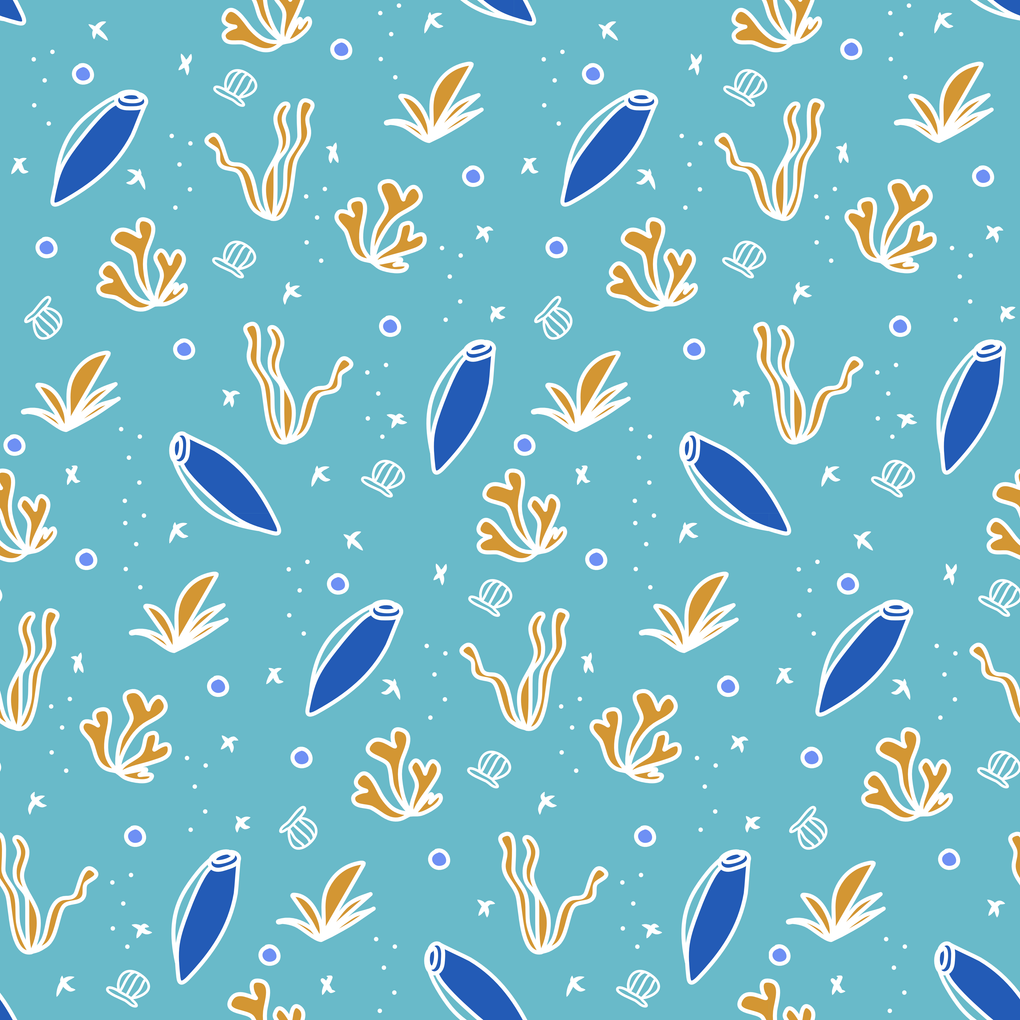 Pattern with shells, bubbles, and sea plants on a blue background