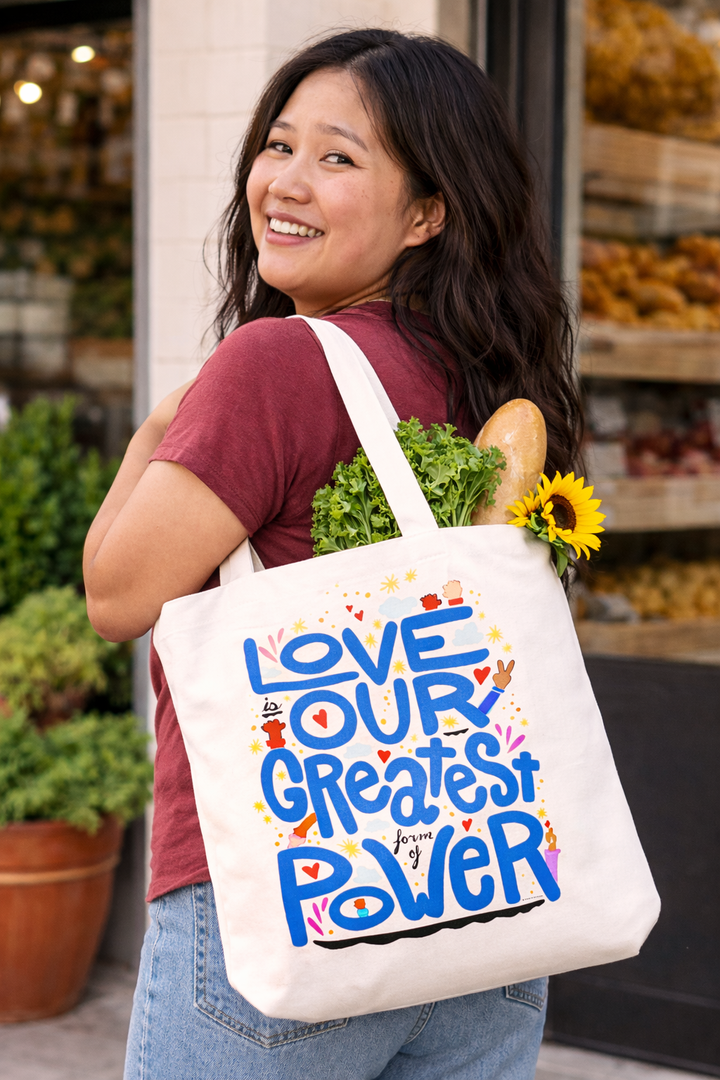 "Love is Our Greatest Form of Power" 100% Organic Cotton Grocery Tote Bag (Blue Text)