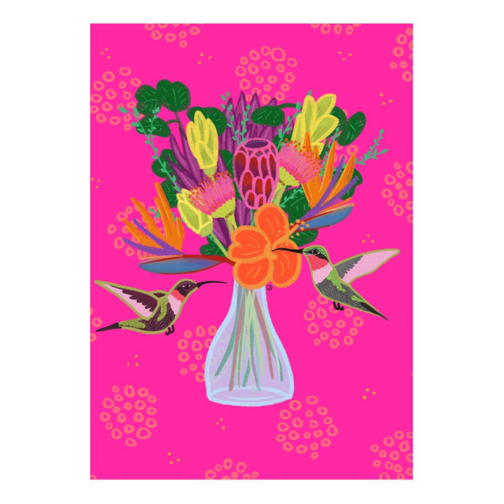 Tropical Blooms in Vase with Hummingbirds Print (small)