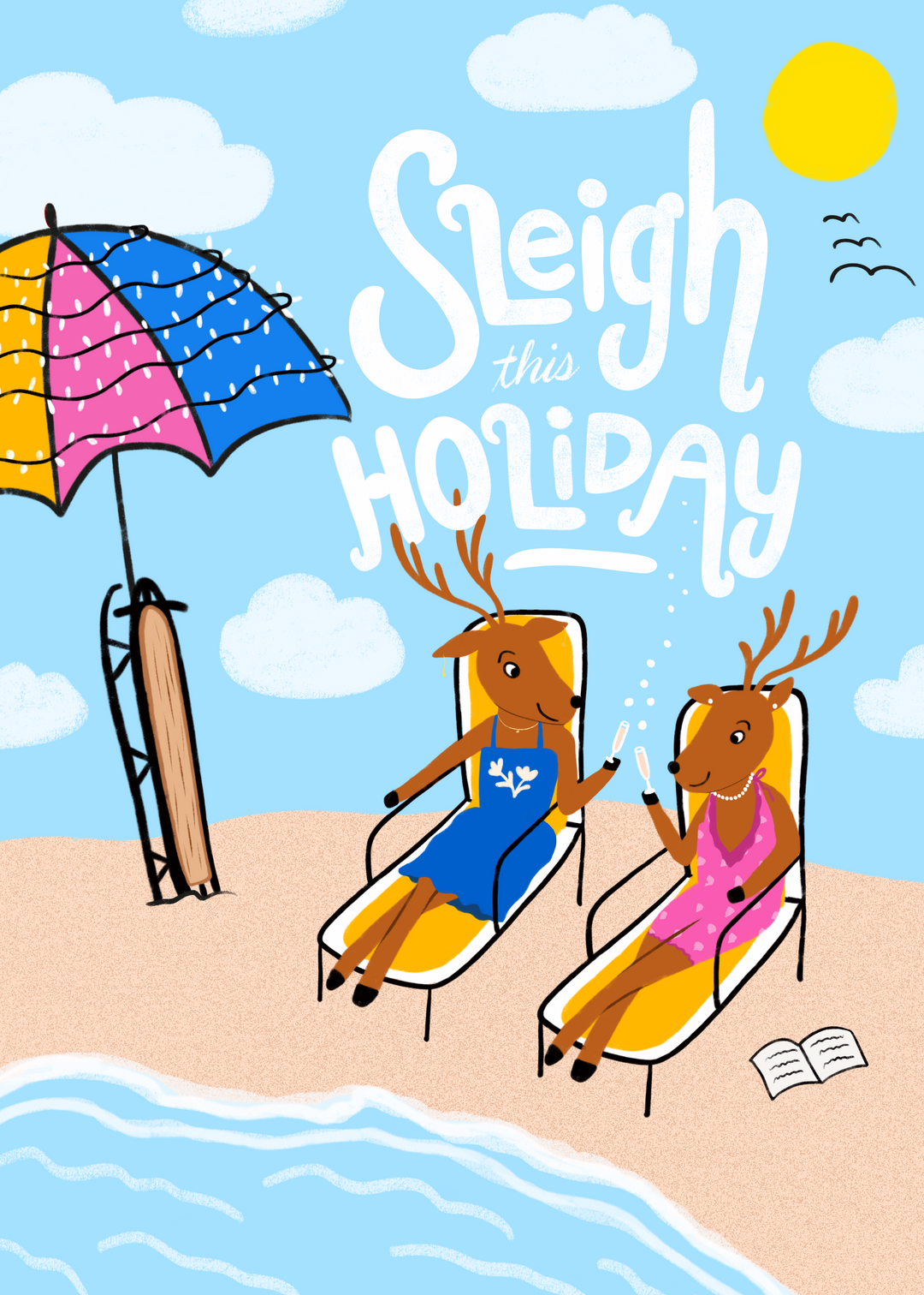 "Sleigh This Holiday" Hand-Drawn Eco-Greeting Christmas Reindeer Cards