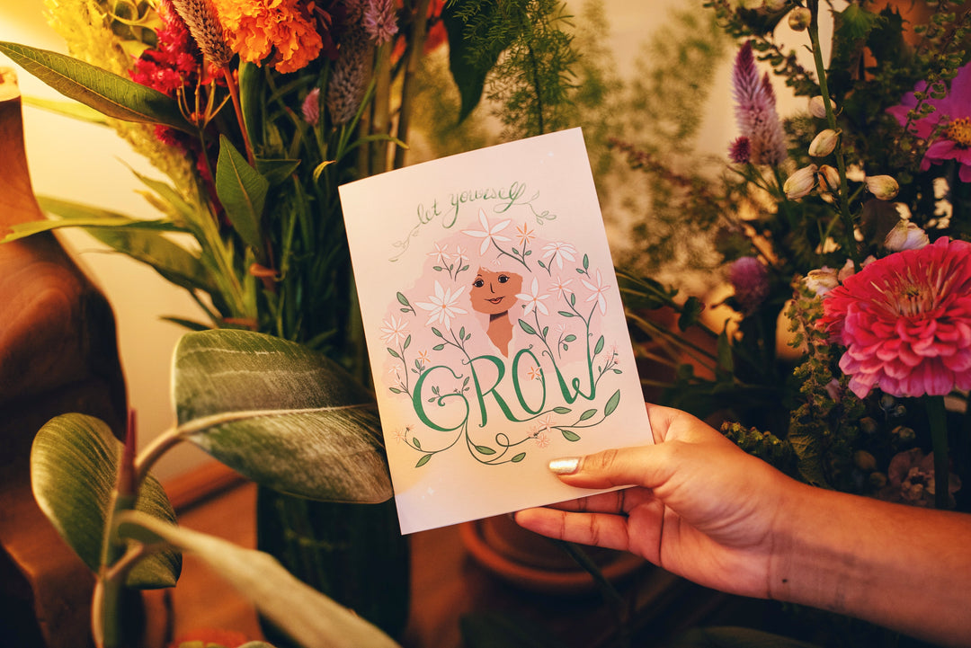"Let Yourself Grow" Hand-Lettered Card w. Woman's Face, Long Hair & Flowers - Recycled Eco Greeting Card + Envelope, Blank inside (Grow & Bloom)