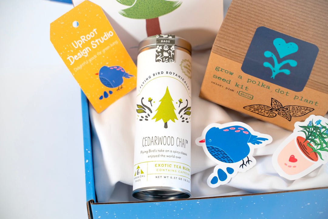 "Jolly Greenhouse" Gift Box: Mint Tea, Honey, Card, Minijournal, Sticker, White Polka-Dot Plant Growing Kit (Winter Dreaming)