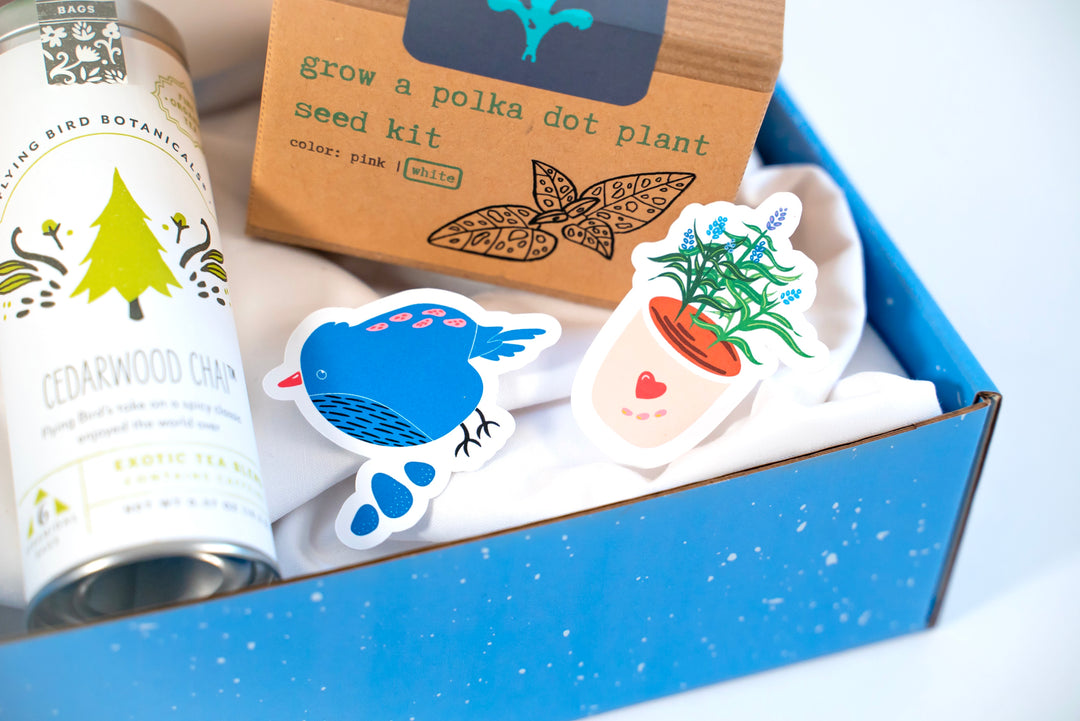 "Jolly Greenhouse" Gift Box: Mint Tea, Honey, Card, Minijournal, Sticker, White Polka-Dot Plant Growing Kit (Winter Dreaming)