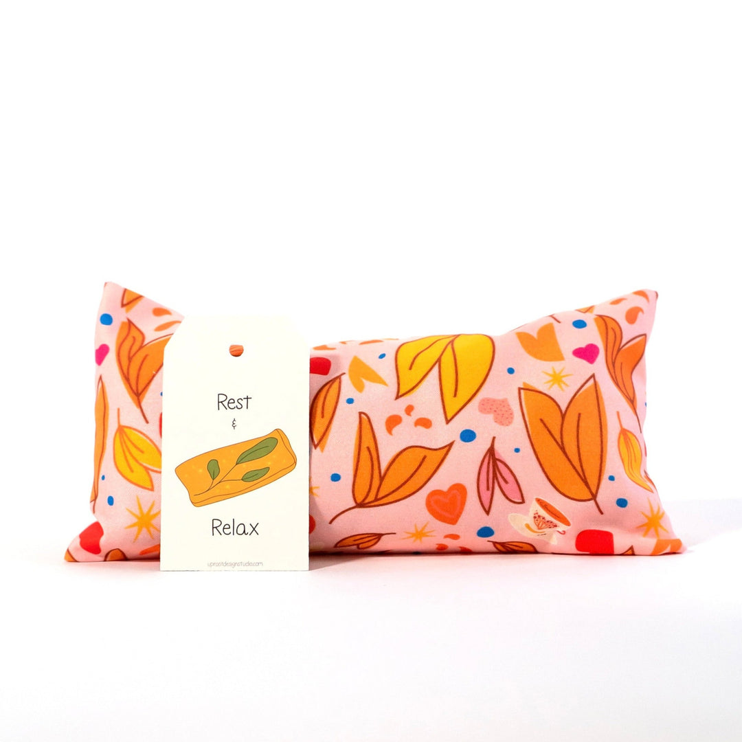 Scented Serenity Eye Pillow - Falling Leaves & Teacups on Pink (Winter Dreaming Collection)