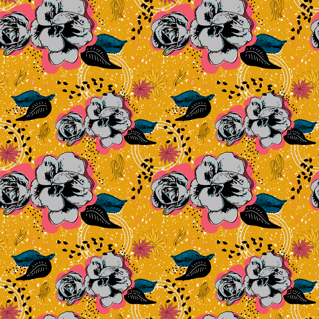 Vintage floral pattern with gray roses on a yellow background