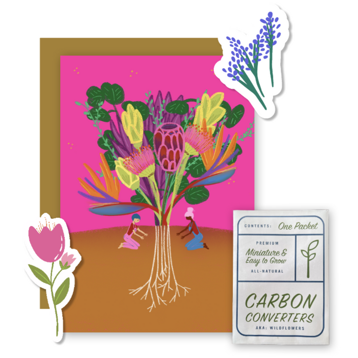 "Wildflower Bouquet" Garden Greetings Kit w. Seeds, Infosheet + Hand-drawn "Tropical Gardeners" Eco Greeting Card (Celebrate Pollinators)