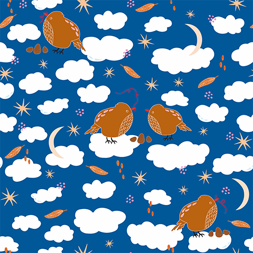 Pattern of birds, clouds, and stars on a blue background