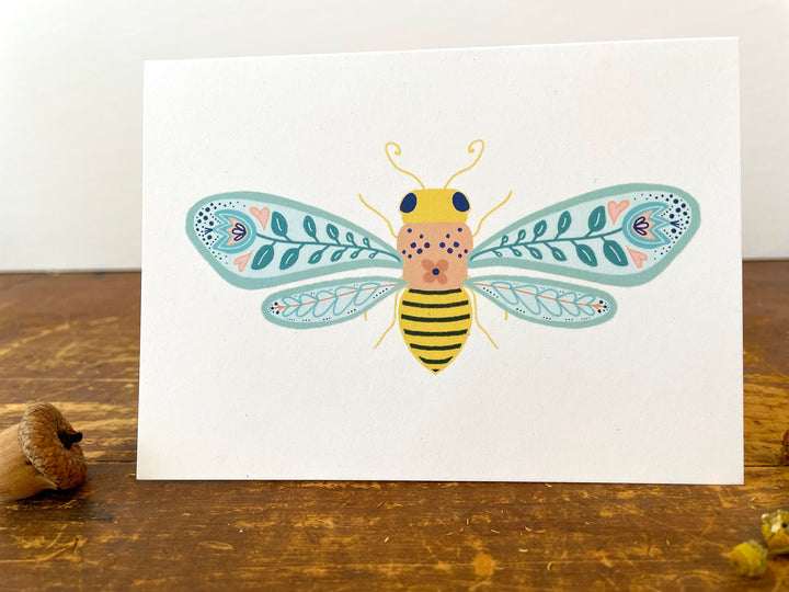 Folk Bee (on White) - Recycled Hand-Drawn Eco Greeting Card + Recycled Envelope, Blank inside (Words of Love)