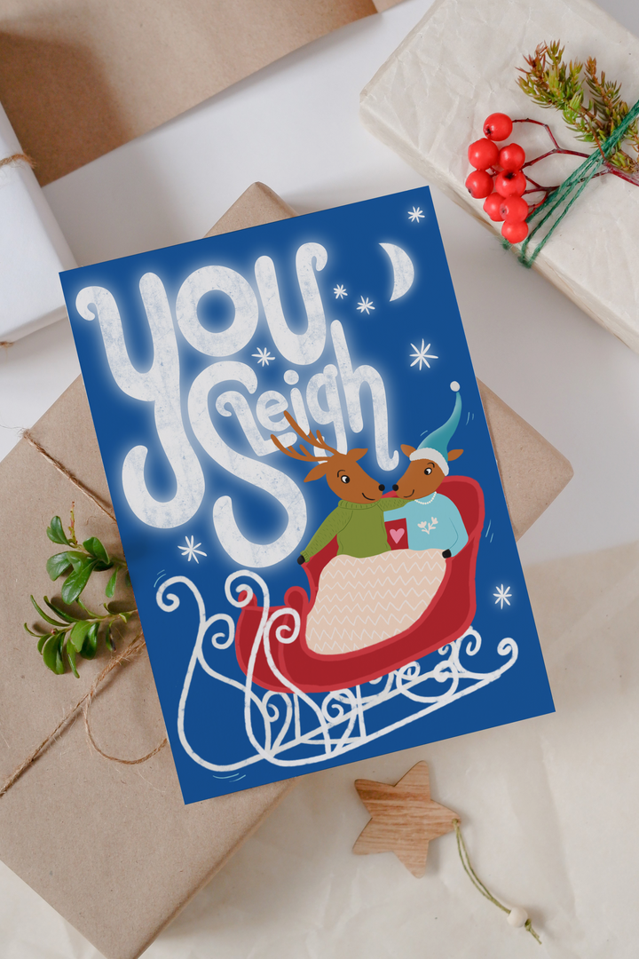 "Sleigh This Holiday" Hand-Drawn Eco-Greeting Christmas Reindeer Cards