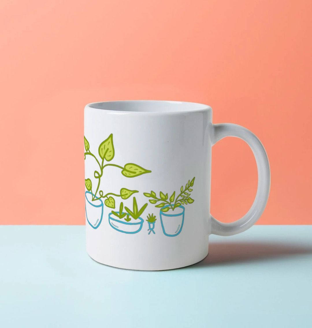 Whimsical Plants in Teal Pots Eco-Friendly Mug (White 11oz)