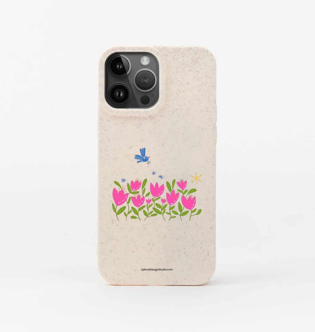 Breezy Pink Tulips with Blue Flying Bird & Butterflies Eco-Friendly Phone Case (Oatmeal)