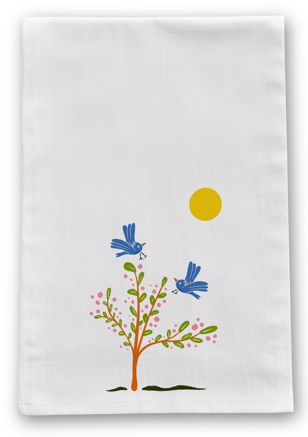 100% Organic Cotton "Breezy Spirit" Kitchen Tea Towels w. Hand-drawn Adorable Blue Pouf Bird, Tulips & Trees (Grow & Bloom)