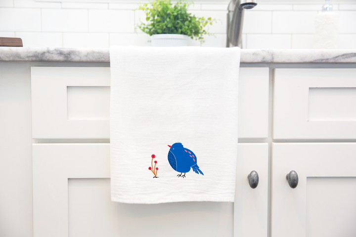 100% Organic Cotton "Blue Pouf Bird" Kitchen Tea Towel w. Hand-drawn Art (Tea Time/Winter Dreaming)