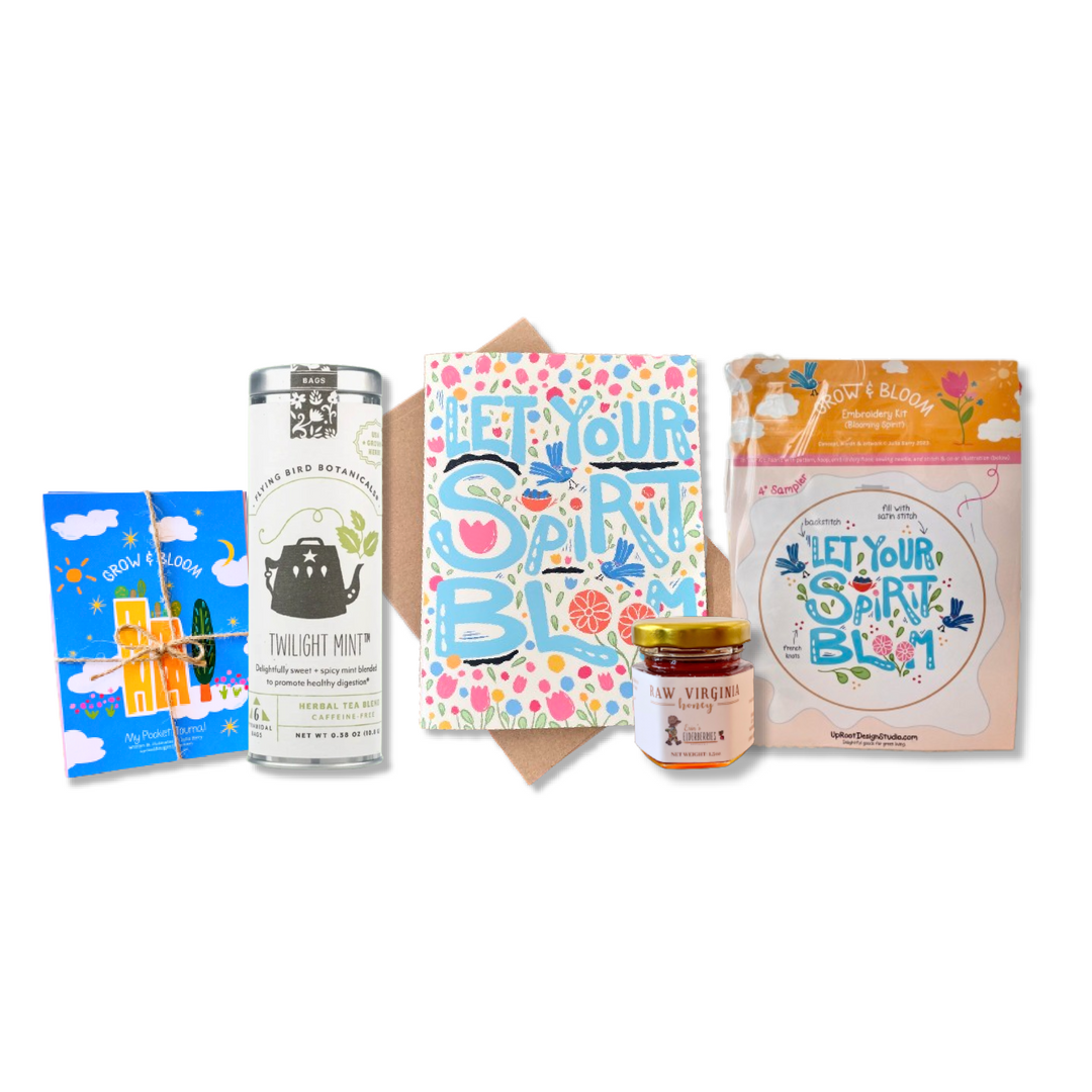 "Cheerful Stitches" Trio Gift Set: Eco-Embroidery Kit, Mindfulness Journal, Mint Tea, Honey, Greeting Card (Grow & Bloom)