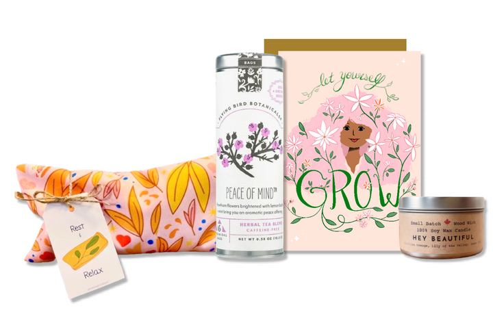 Encouragement Gift Box: Lavender Eye Pillow, Floral Tea, Honey, "Hey Beautiful" Candle, and Greeting Card (Natural Comforts / Winter Dreaming)