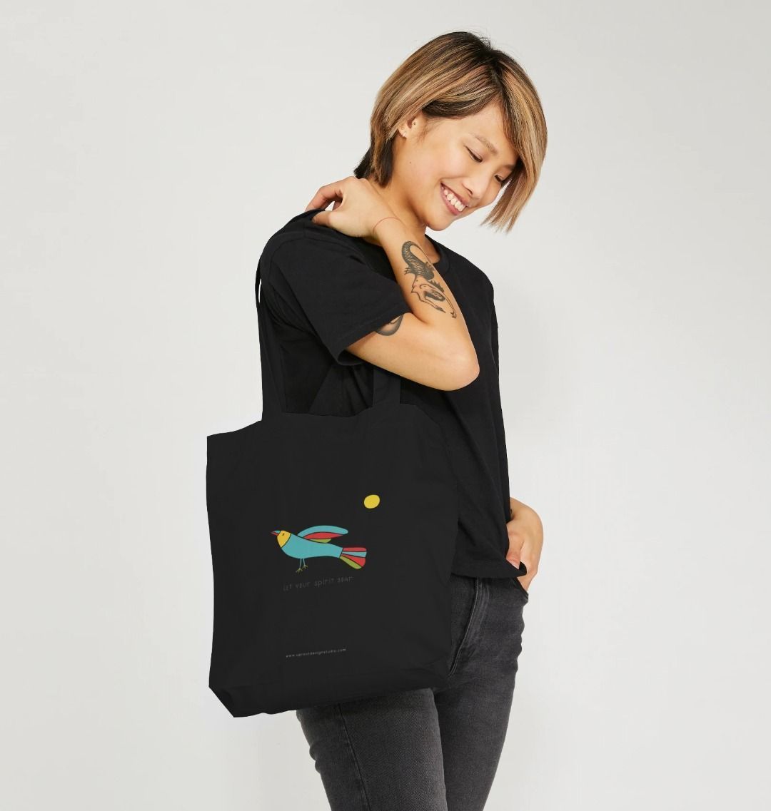 "Let Your Spirit Soar" Tote Bag with Colorful Folk Art Bird & Sun