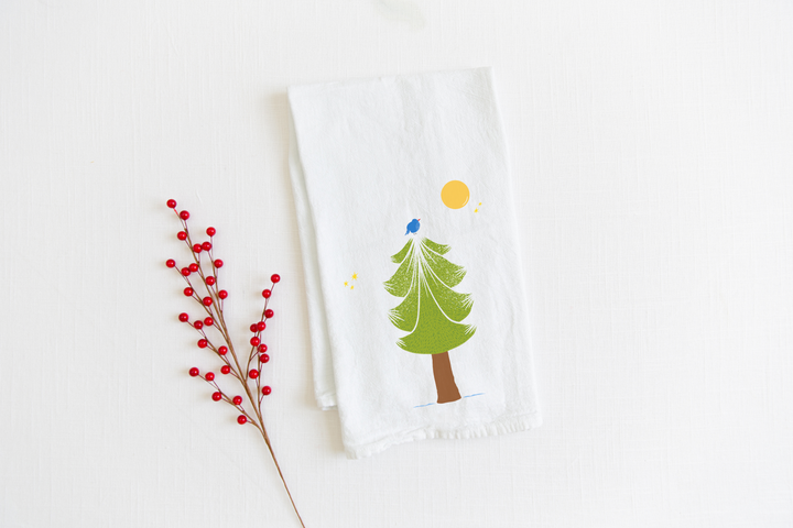 100% Organic Cotton "Pine Trees" Kitchen Tea Towels w. Hand-drawn Adorable Art - Assorted (Tea Time/Winter Forest)