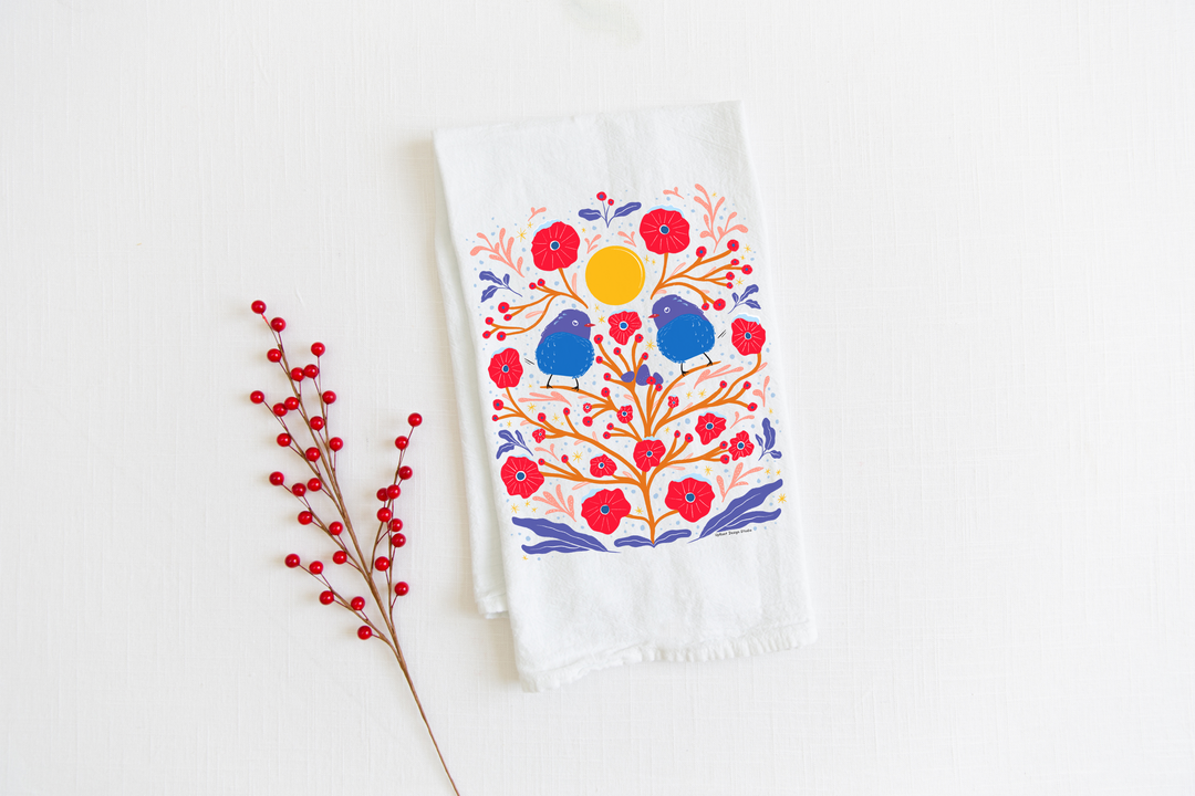 100% Organic Cotton "Fuzzy Birds" Kitchen Tea Towel w. Hand-drawn Fluffy Adorable Blue Birds & Red Flowers (Tea Time/Winter Forest)