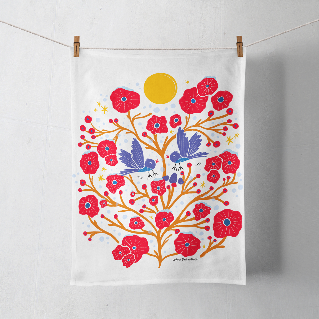 100% Organic Cotton "Flying Birds" Kitchen Tea Towel w. Hand-drawn Folk Art Blue Birds & Red Flowers (Tea Time/Winter Forest)